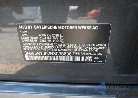 2022 BMW 330I z USA, uszkodzony, nr VIN 3MW5R1J02N8C38636